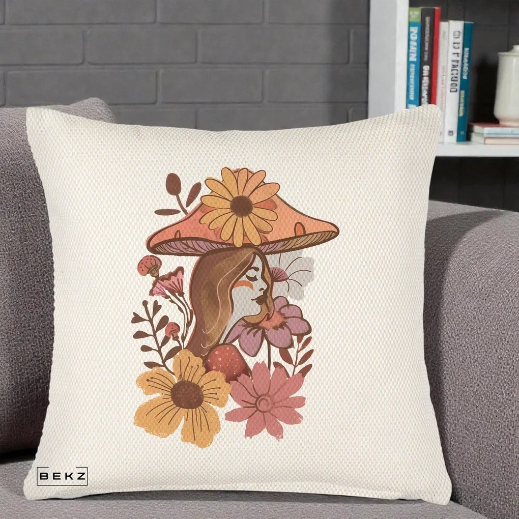 Perna Decorativa Fata Ciuperca Florala Boho, 40x40 cm, Crem Reliefat, Husa Detasabila, Perna Inclusa, BEKZ®