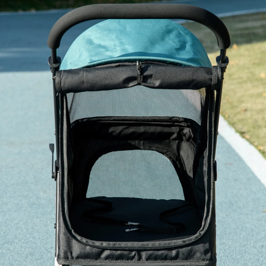 PawHut Cărucior pentru Câini cu 3 Roți, Cărucior Pliant cu Husă de Ploaie, Coș și Curea, 80,5x51,5x100 cm, Verde Închis | Aosom Romania