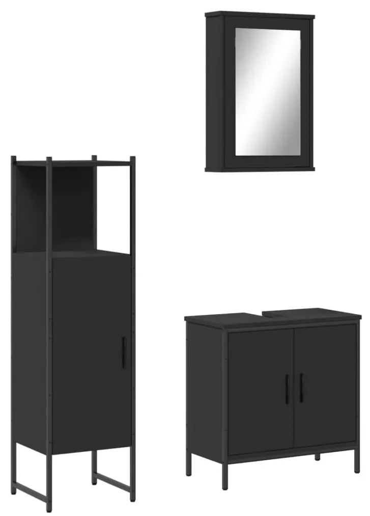 3214820 vidaXL Set mobilier de baie, 3 piese, negru, lemn compozit