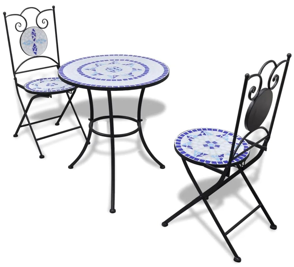 271771 vidaXL Set mobilier bistro, 3 piese, albastru/alb, plăci ceramice