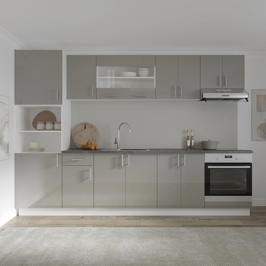 Set Bucatarie Karo V27, Gri Lucios/Alb, MDF, Blat Thermo 28 mm, L 300 cm