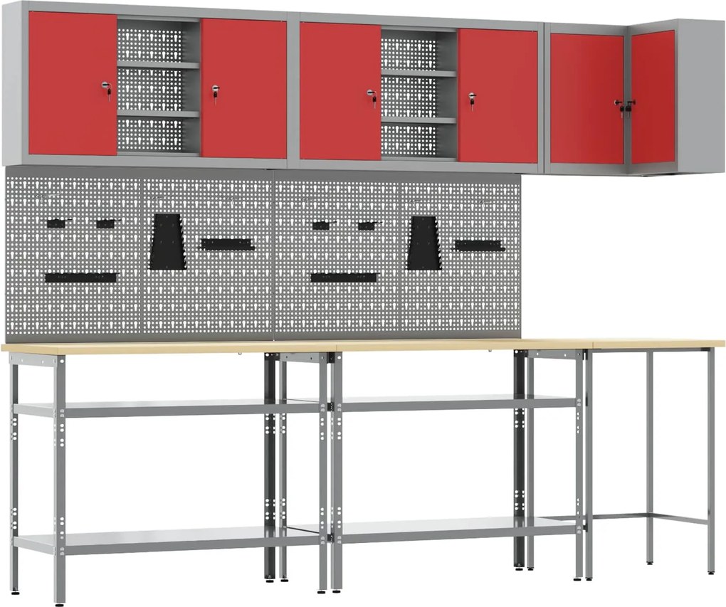 vidaXL Set de dulapuri de lucru cu raft Manual 10 pcs Roșu și gri