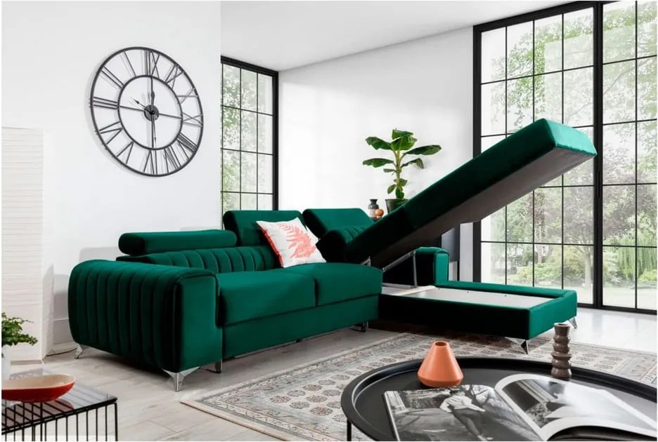 Colțar verde extensibil/cu spațiu de depozitare cu tapițerie din catifea (cu colț pe partea dreaptă/cu șezlong) Grayson – ELTAP