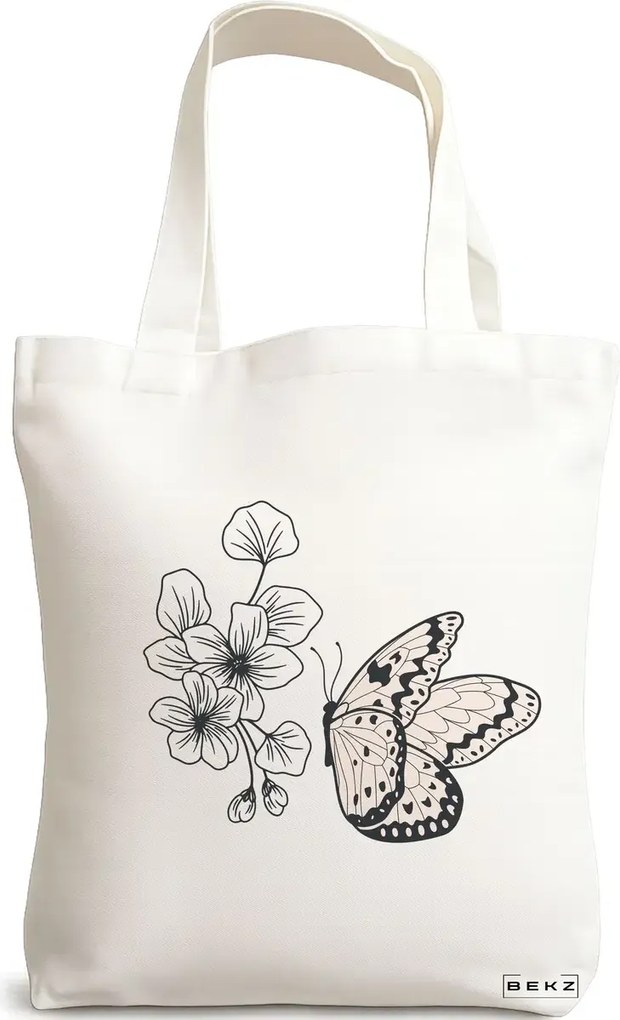 Sacosa de Panza pentru Cumparaturi, Geanta Tote, model Minimalist Butterfly, 38x34.5 cm, Alba, BEKZ®