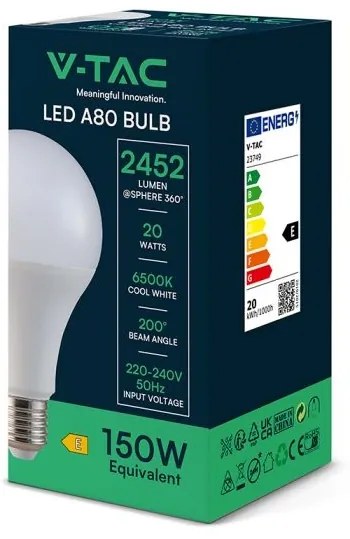 Bec LED E27, 20W (150W), V-TAC, A80, 2452lm, Lumina Rece (6500K)
