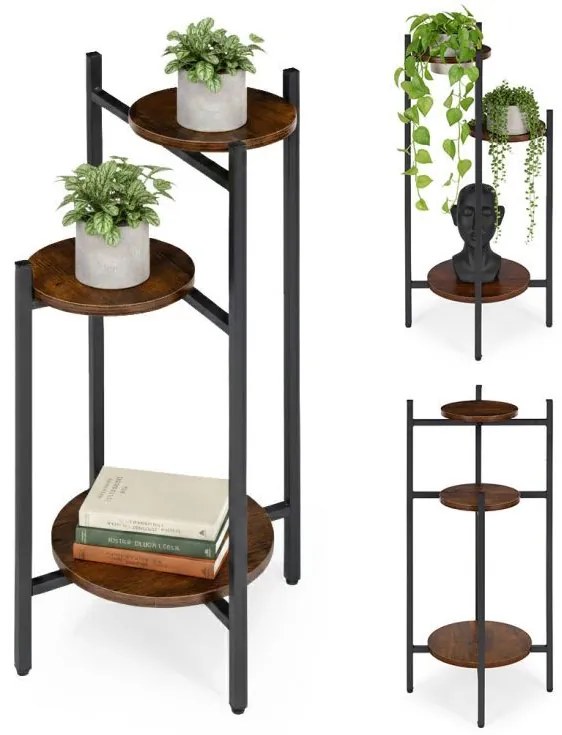 Suport pentru flori Loft - raft cu 3 etaje cu rafturi rotunde din lemn