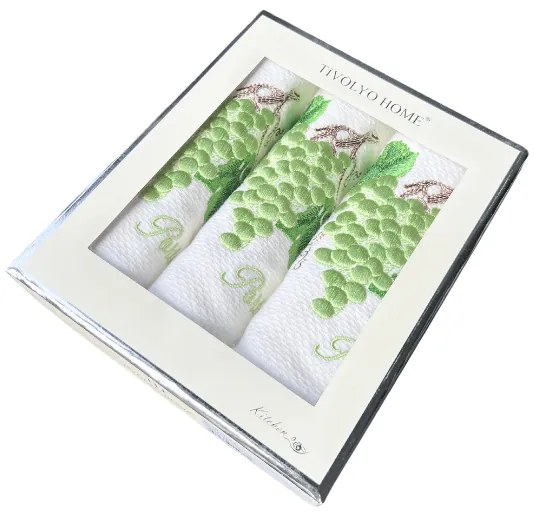 Prosoape de bucătărie WISTERIA, 3 buc Alb - broderie verde / Green embroidery Set (3 buc, 40x60 cm)