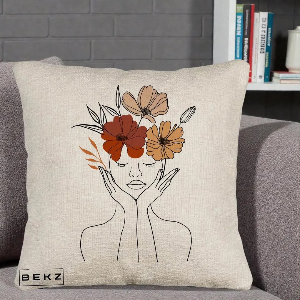 Perna Decorativa Portret Feminin Coroana Trei Flori, 40x40 cm, Bej Canapea, Husa Detasabila, Perna Inclusa, BEKZ®