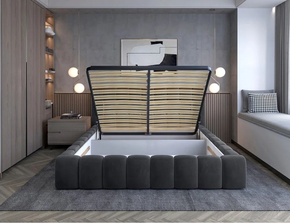 Pat matrimonial gri tapițat cu spațiu de depozitare cu somieră 160x200 cm Lamica – ELTAP
