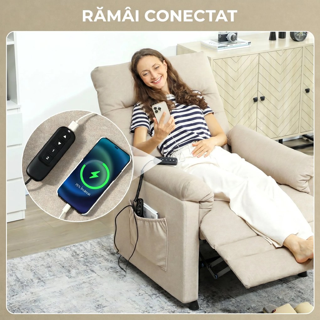HOMCOM Fotoliu Relaxant Electric cu Masaj și Încălzire, cu Suport pentru Picioare, Silențios, Reclinabil 150° în Material Catifelat Prietenos cu Animalele, cu Funcție de Memorare, 2 Telecomenzi pentru Sufragerie, Bej | Aosom Romania