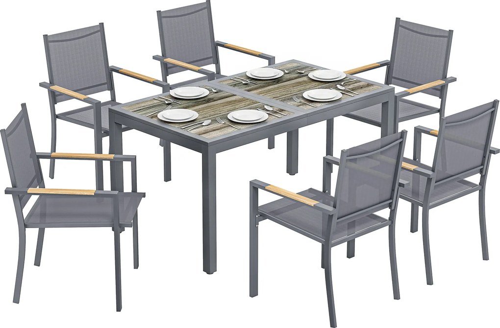 Outsunny Set Mobilier de Grădină 7 Piese Masă Aspect Lemn 6 Scaune Suprapuse din Textilenă 140x80x72cm Gri | Aosom Romania