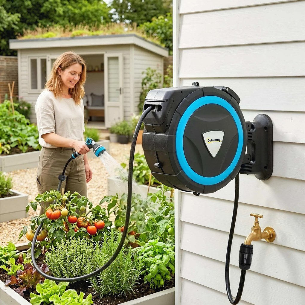 Outsunny Derulator Furtun Udare Montat pe Perete 14+1,5 m cu Blocare și Adaptoare, Rotativ 180°, 12 Moduri, 49x15x37cm, Albastru | Aosom Romania