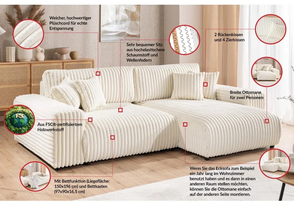 Colțar crem extensibil, cu spațiu de depozitare, cu tapițerie din catifea reiată (cu colț pe partea dreaptă) Sarina – Ropez