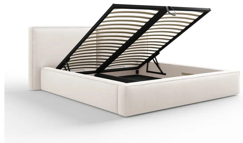 Pat matrimonial bej tapițat cu spațiu de depozitare și somieră 140x200 cm Arendal – Cosmopolitan Design