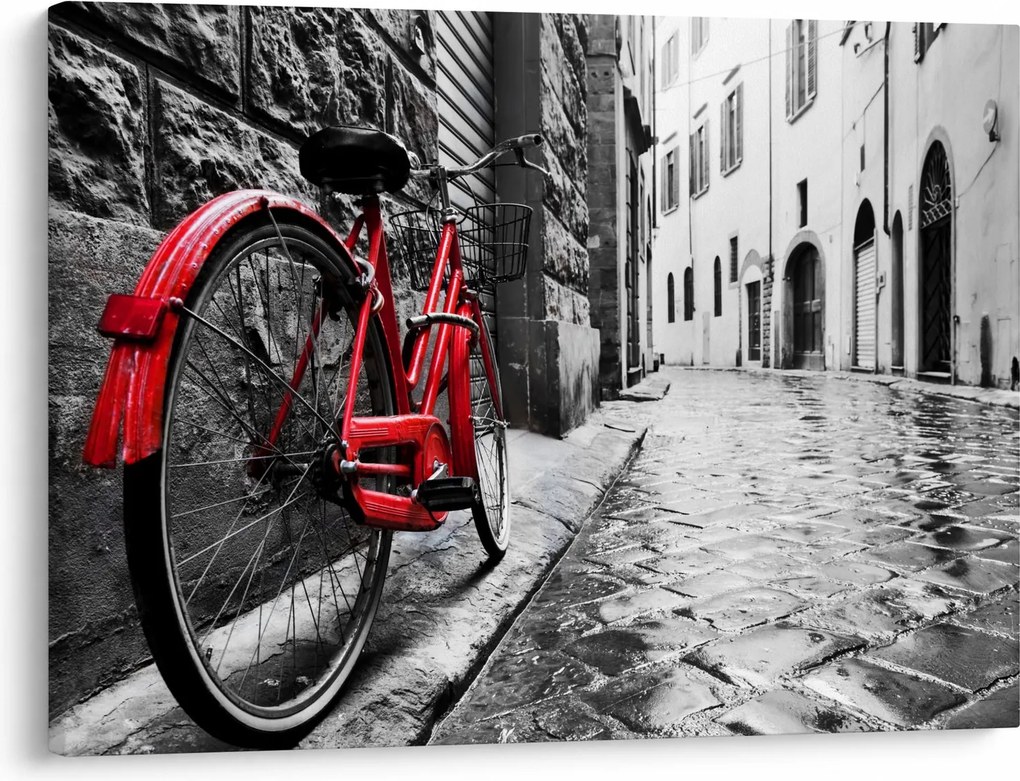 Tablou - Bicicleta roșie pe o stradă pavată (70x50 cm)
