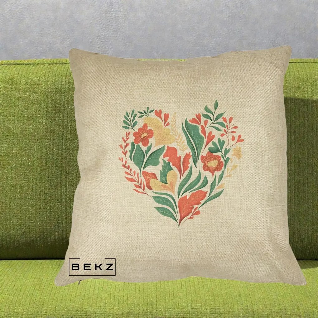 Perna Decorativa Inima Florala Botanica, 40x40 cm, Crem, Husa Detasabila, Perna Inclusa, BEKZ®