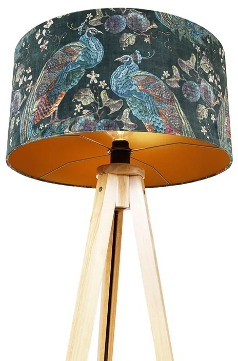 Lampa de podea modernă din lemn cu abajur din stofă negru cu model de păun 50 cm - Tripod Classic