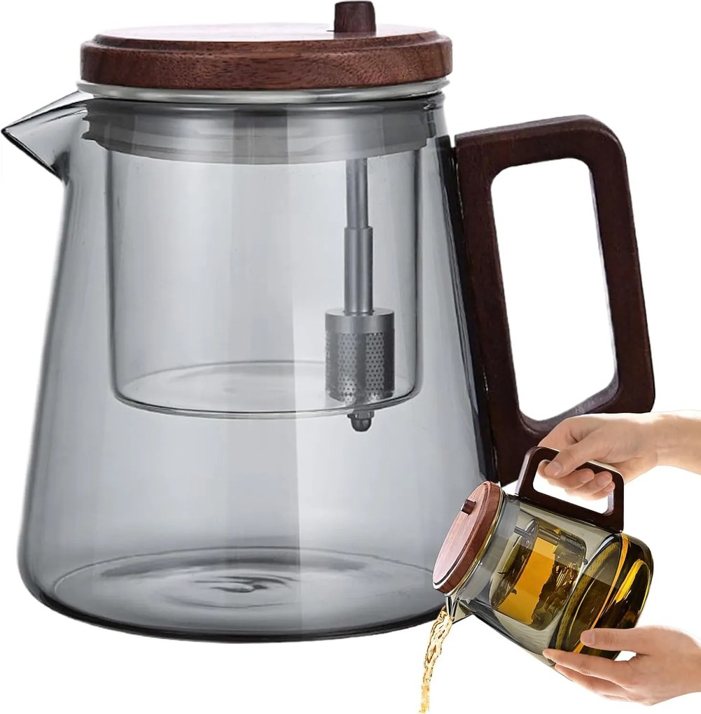 Ceainic , zZEN PRESS,   650 ml din sticla borosilicata fumurie, cu infuzor din sticla si sistem cu tija