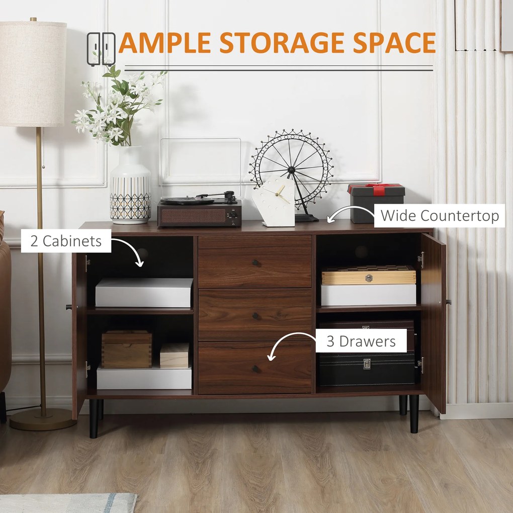 HOMCOM Bufet modern pentru sufragerie, hol din lemn si PAL cu 2 dulapuri si 3 sertare, 127x40x76 cm, maro si negru | AOSOM RO
