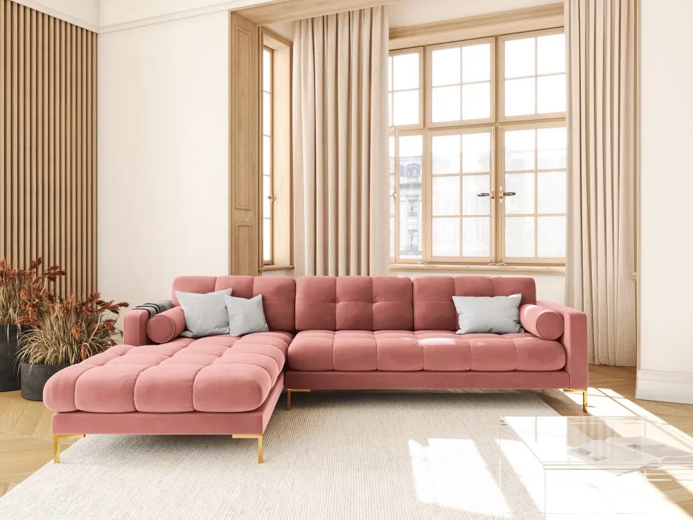 Colțar tapițat Bali, Roz/5 locuri/picioare gold/partea stângă/ L293 x l185 x h75