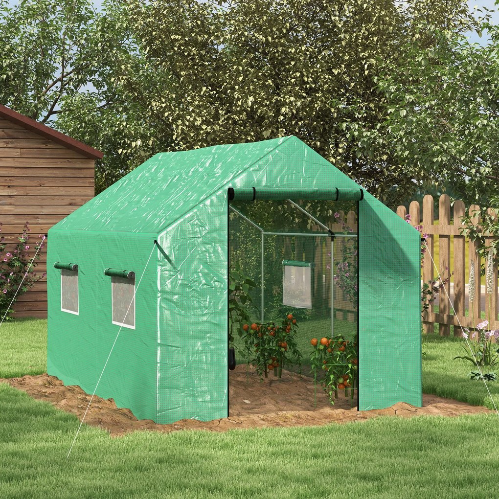 Outsunny Sera de gradina tunnel 2 x 3m, 6m² cu usa rulanta, 4 ferestre, - Otel galvanizat PE inalta densitate Verde | Aosom Romania