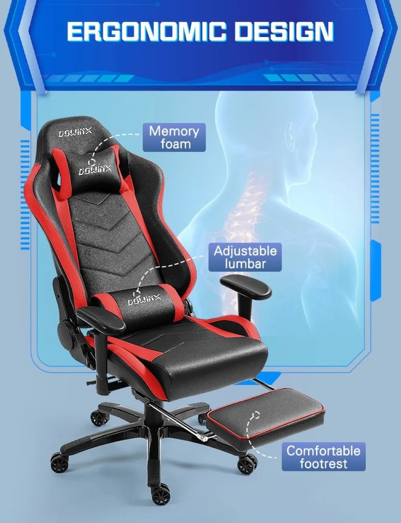 DOWINX Scaun gaming, ergonomic, suport lombar cu masaj, spătar rabatabil 90-180°, cotiere reglabile, suport pentru picioare, rezistent 150 kg, piele PU, Negru/Rosu