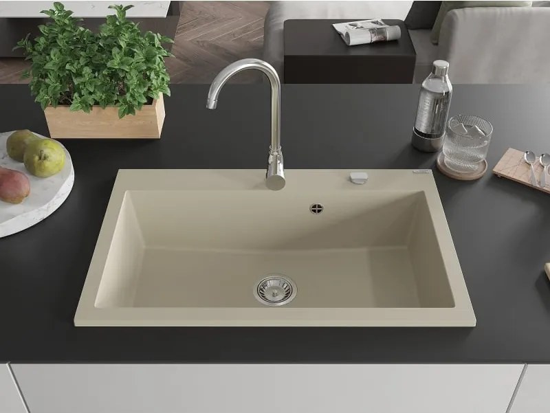 Mexen Elix chiuvetă de bucătărie din granit cu 1 compartiment 800 x 500 mm, bej, sifon cromat - 6527801005-69