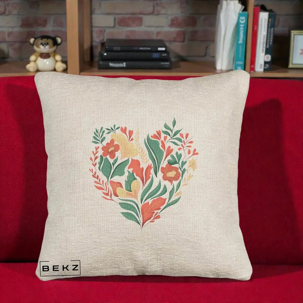 Perna Decorativa Inima Florala Botanica, 40x40 cm, Bej Canapea, Husa Detasabila, Perna Inclusa, BEKZ®