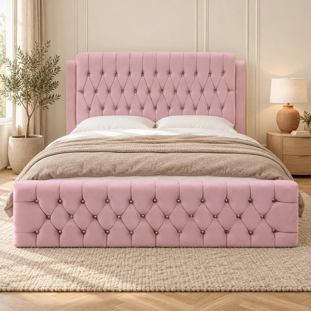 Pat tapițat Chesterfield din catifea Aveline Deluxe 140×200 cm, roz, cu ladă de depozitare