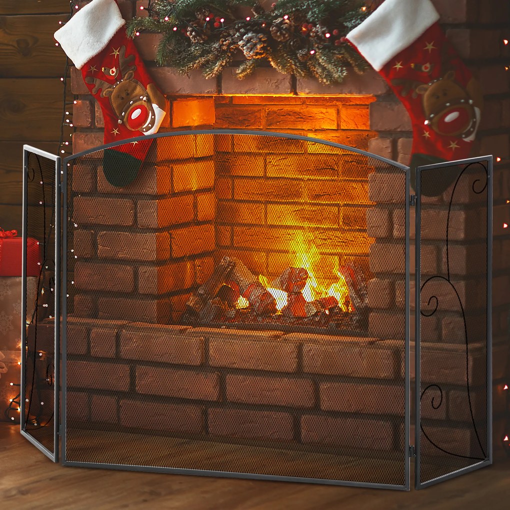 HOMCOM Scut de protecție pentru șeminee, 3 panouri, pliabil, flexibil, metal, negru, 132,5 x 76,5cm | Aosom Romania