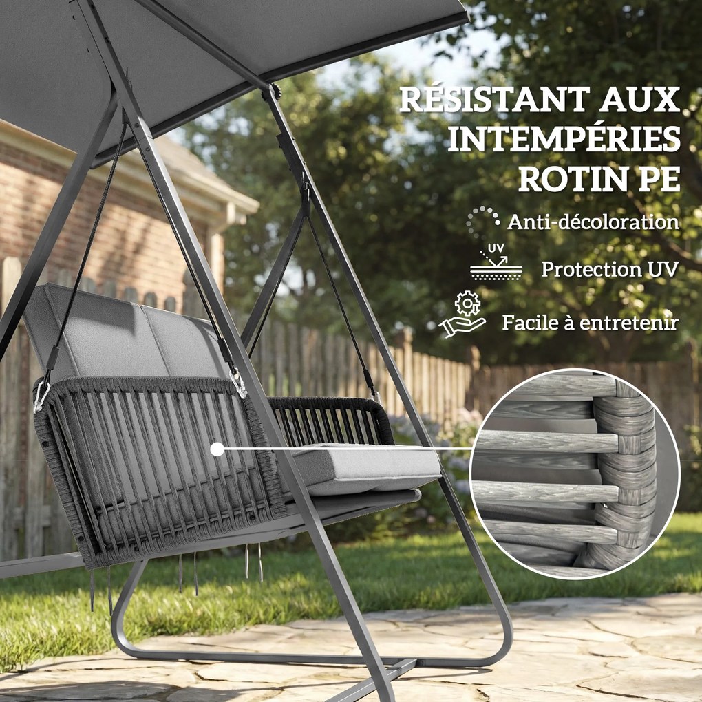 Outsunny Balansoar de grădină pentru 2 persoane din rășină împletită, leagăn exterior cu acoperiș reglabil și pernă groasă, gri | Aosom Romania