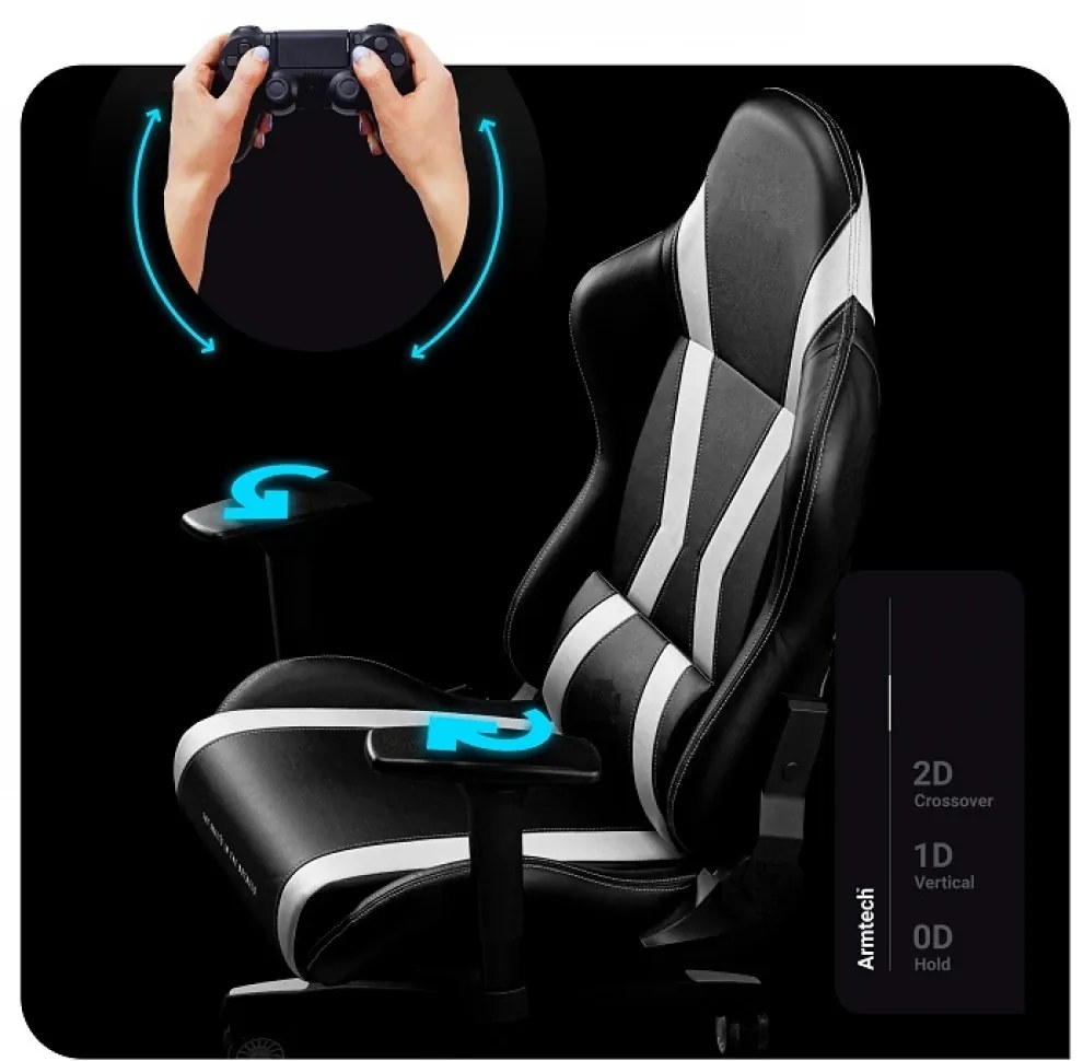 Scaun gaming, ergonomic, masaj pernă lombară, brațe reglabile 2D, piele PU, roți silențioase, rezistent 150 KG, Negru