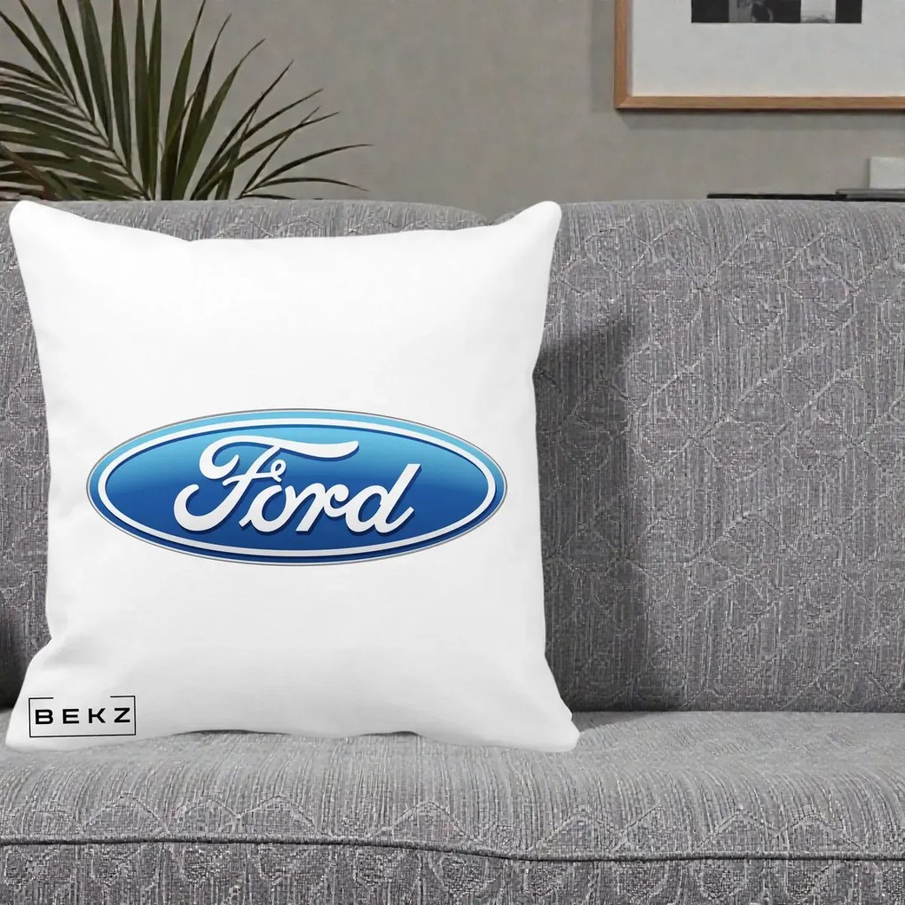 Perna Personalizata cu emblema Ford, 40x40 cm, Alba Mata, Husa Detasabila, Perna Inclusa, BEKZ®