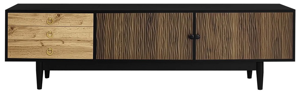 Comodă TV cu 2 uși și 3 sertare, panouri ale ușilor cu model unic în valuri, 180x38x50 cm, Culoare naturală