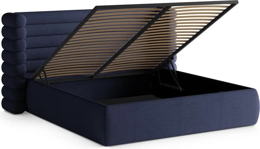 Pat matrimonial albastru tapițat cu spațiu de depozitare cu somieră 200x200 cm Mount – Micadoni