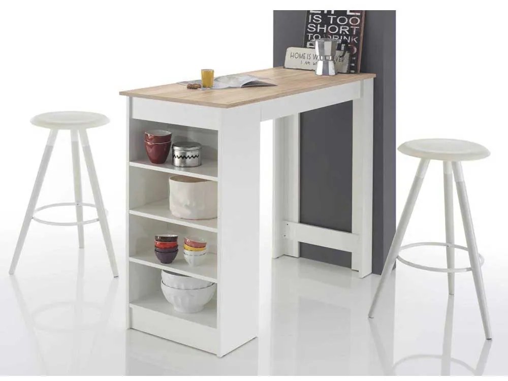 Masa tip bar cu depozitare, 115x50x103 cm, raft lateral, culoare alb/sonoma