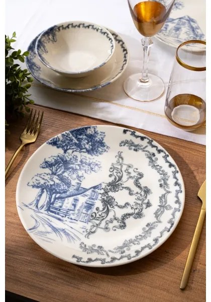 Set de veselă, 24 de piese, din porțelan, alb/albastru