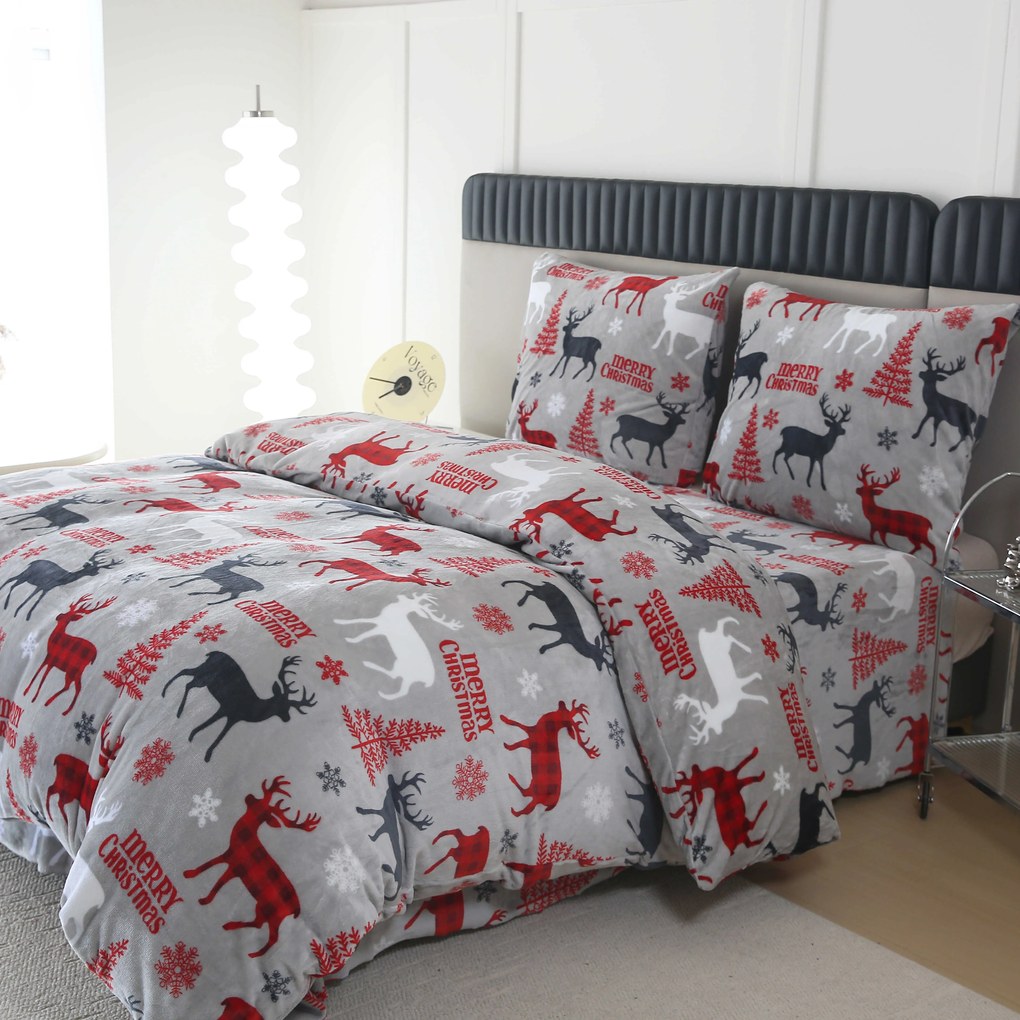 Set Lenjerie cocolino MERRY CHRISTMAS DEER gri + Cearsaf Cocolino microplus cu elastic SOFT 180x200 cm alb, pat dublu