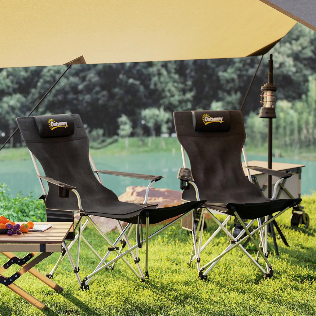 Outsunny Set de 2 Scaune de Camping Pliabile cu Suport pentru Picioare Detașabil, 82x100x88 cm, Negru | Aosom Romania