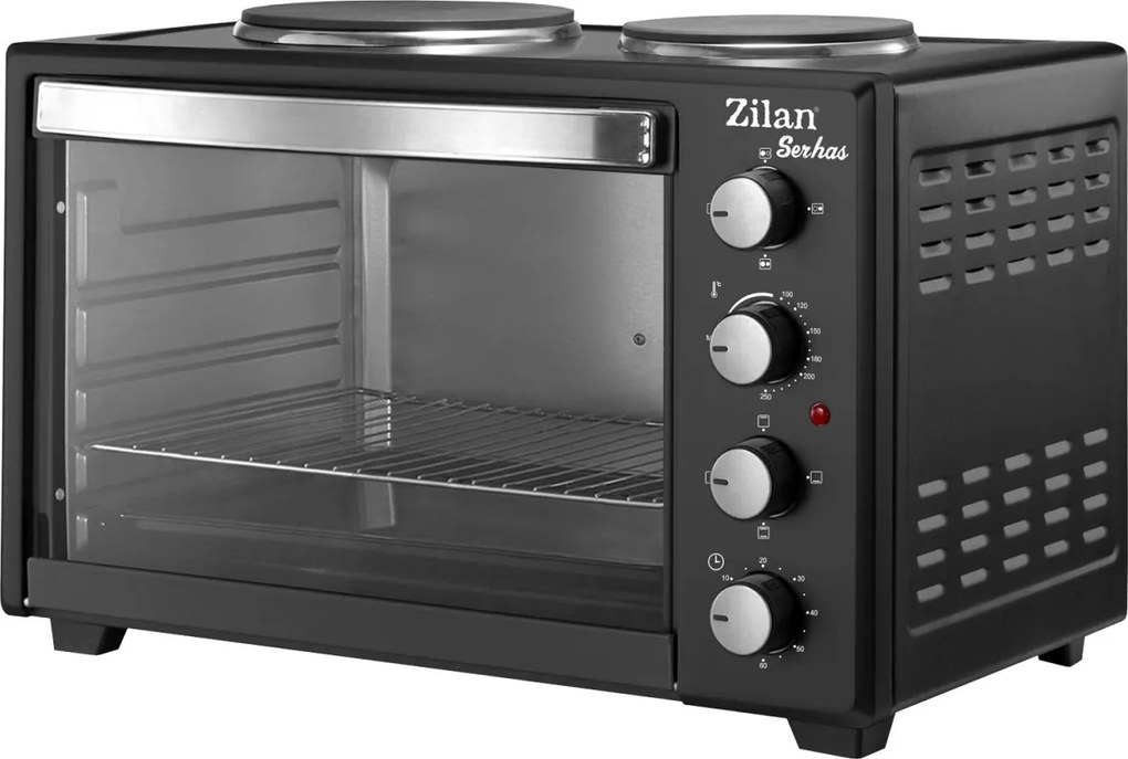 Cuptor electric cu plita Zilan ZLN2935, Negru capacitate mare 45 Litri, 1600W, Timer, Gratar, Tava inclusa,