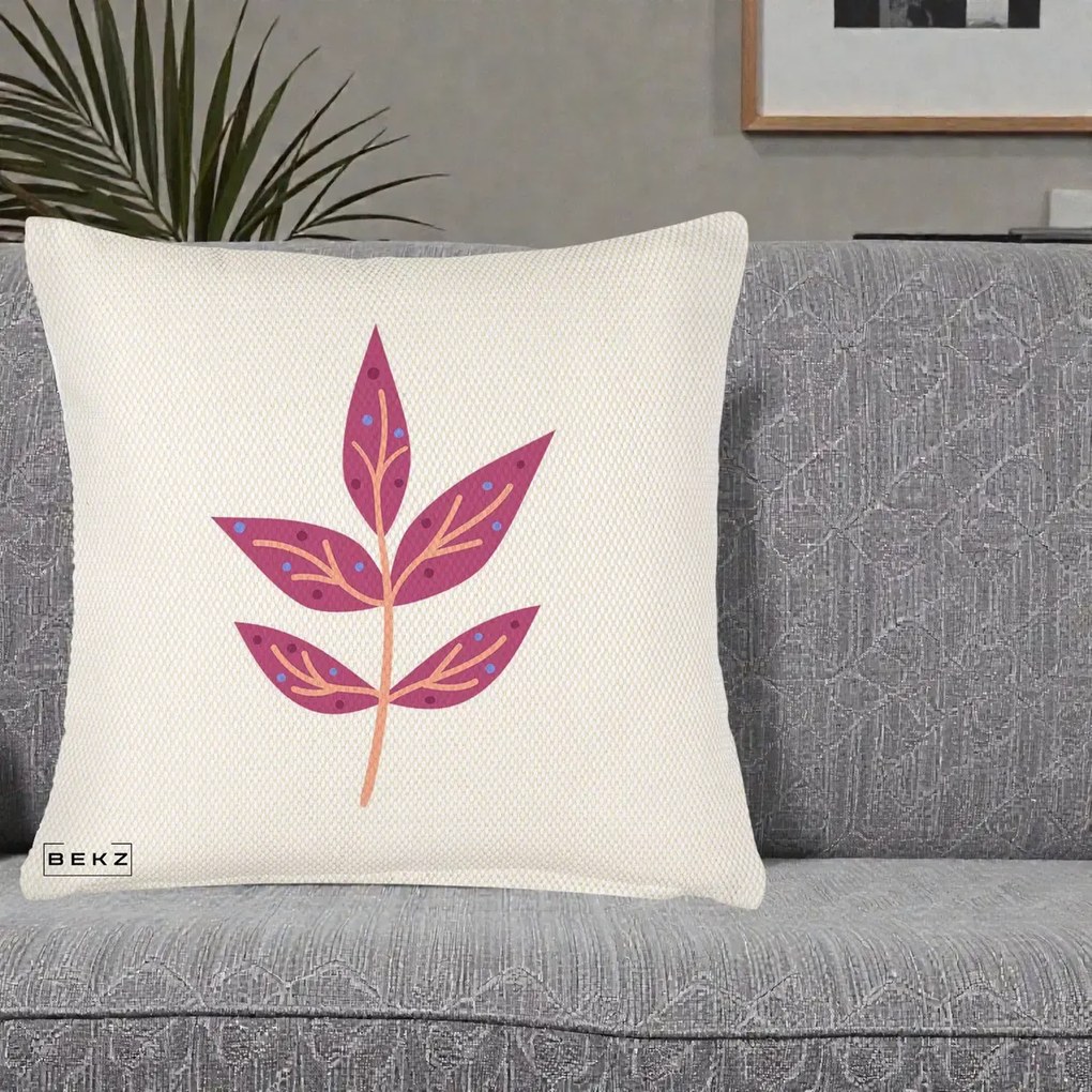 Perna Decorativa Ramura Botanica Mov, 40x40 cm, Crem Reliefat, Husa Detasabila, Perna Inclusa, BEKZ®
