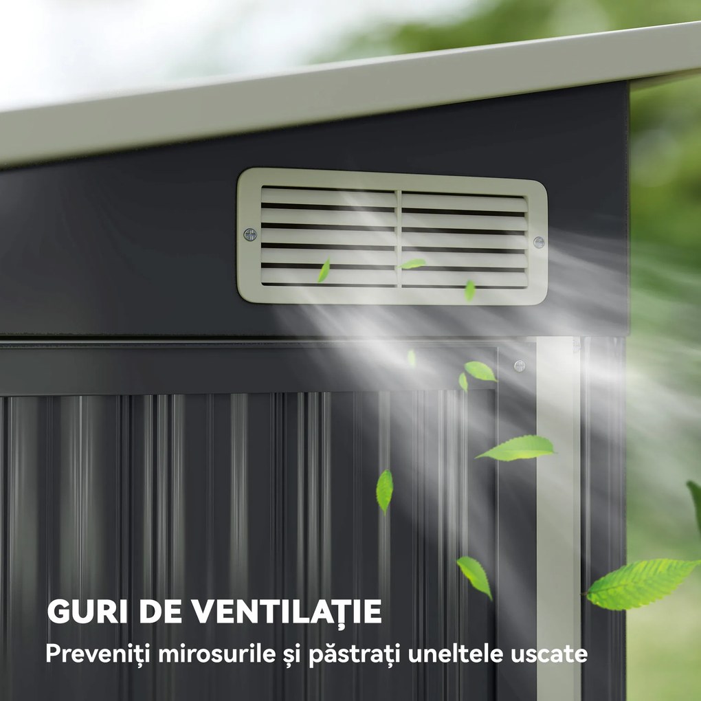 Outsunny Șopron de Grădină 2.68m² din Oțel Galvanizat cu 3 Uși Blocabile, Șopron cu Guri de Aerisire, Acoperiș Înclinat și Mănuși, Depozitare Unelte, 234x132x185 cm, Gri Închis | Aosom Romania