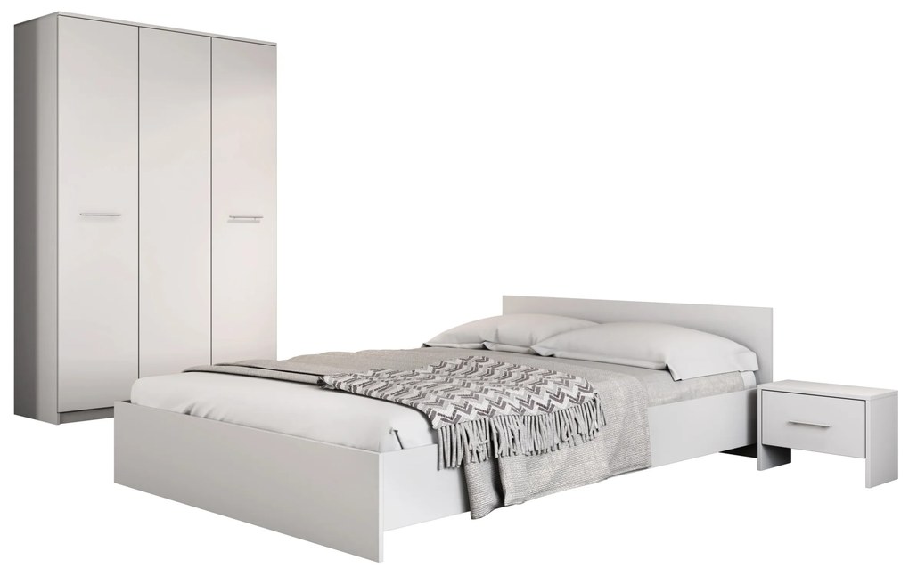 Dormitor Luiza 4U4P, culoare alb, cu pat standard 140 x 200 cm, dulap cu 4 usi si 2 noptiere