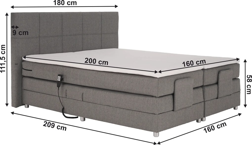 Pat electric reglabil, arcuri, gri, 160x200, MURKO NEW