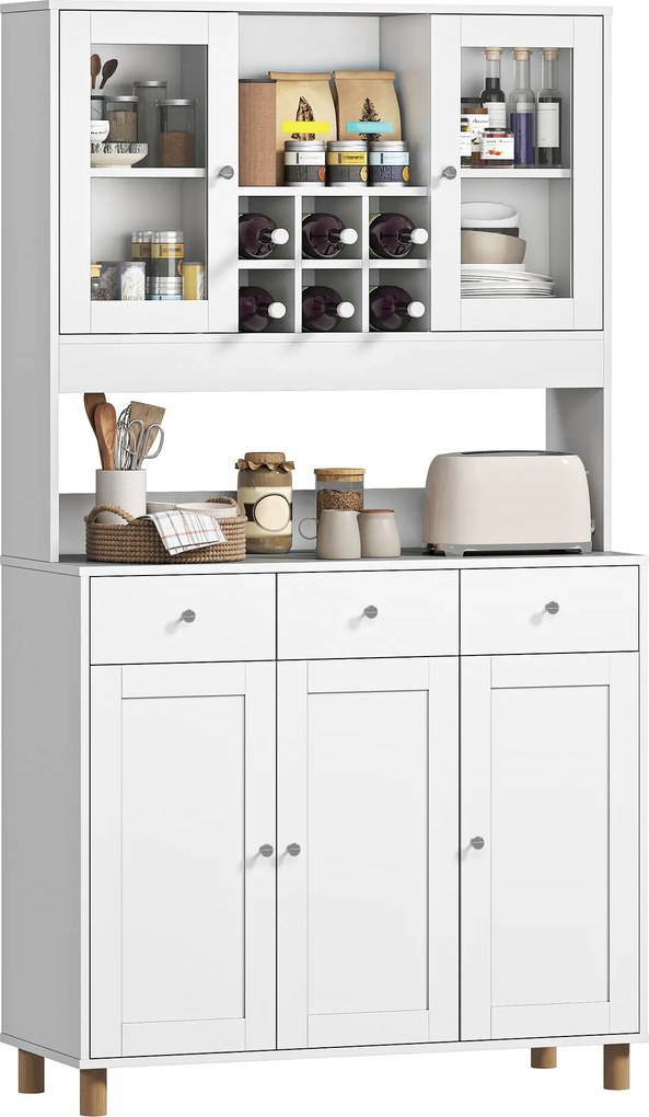 HOMCOM Dulap de bucătărie 180 cm, 2 uși din sticlă, 3 sertare, 4 rafturi reglabile, dulap pentru sufragerie, Spanplatte, Weiß | Aosom Romania