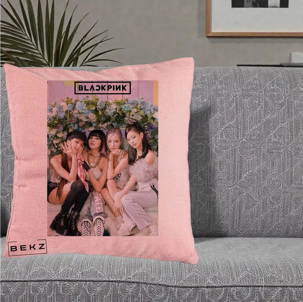 Perna Personalizata K-pop BLACKPINK Foto Grup, 40x40 cm, Roz, Husa Detasabila, Perna Inclusa, BEKZ®