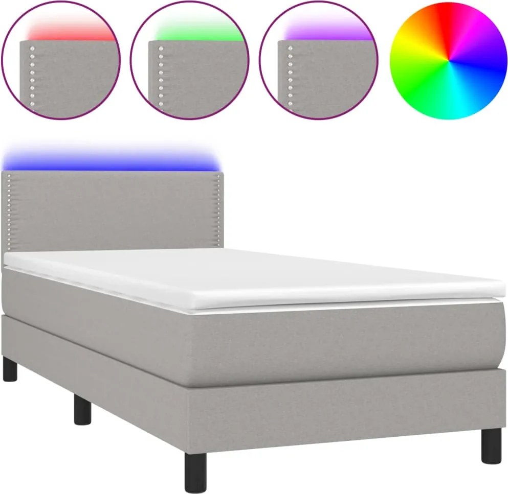 vidaXL Pat cu arcuri, saltea și LED, gri deschis, 90x200 cm, textil