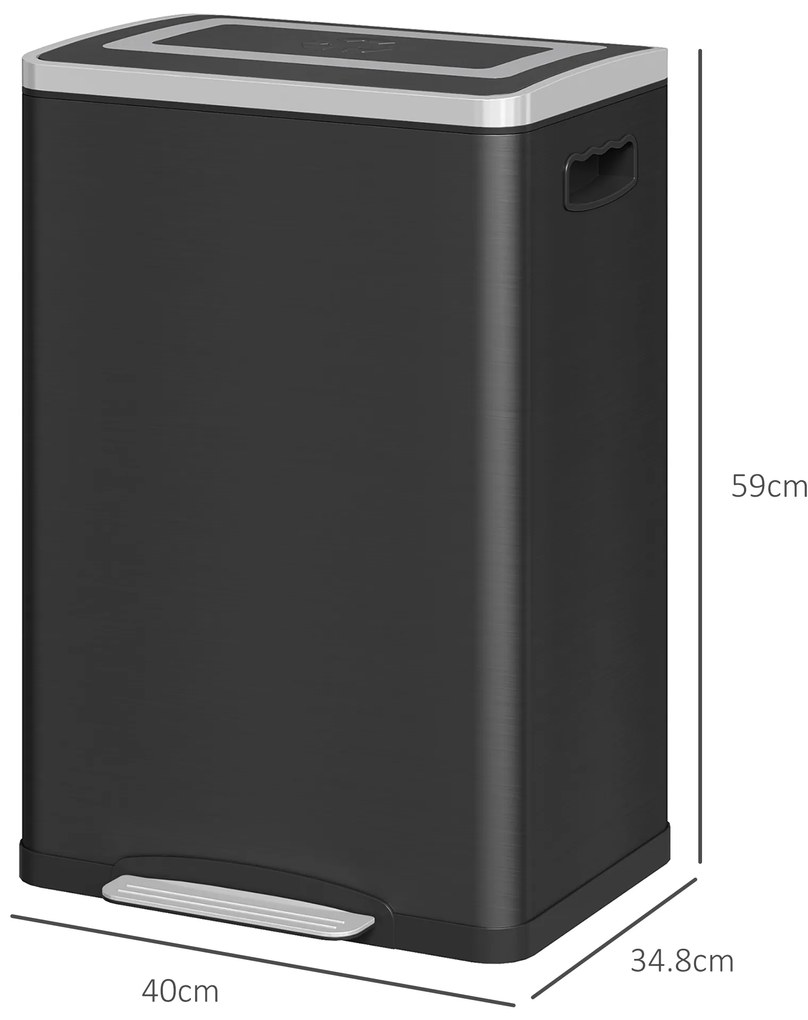 HOMCOM Coș de Gunoi cu 2 Secțiuni de 20L cu Pedală și Capac cu Închidere Moale, din Oțel Inoxidabil și PP, 40x34.8x59 cm, Negru | Aosom Romania