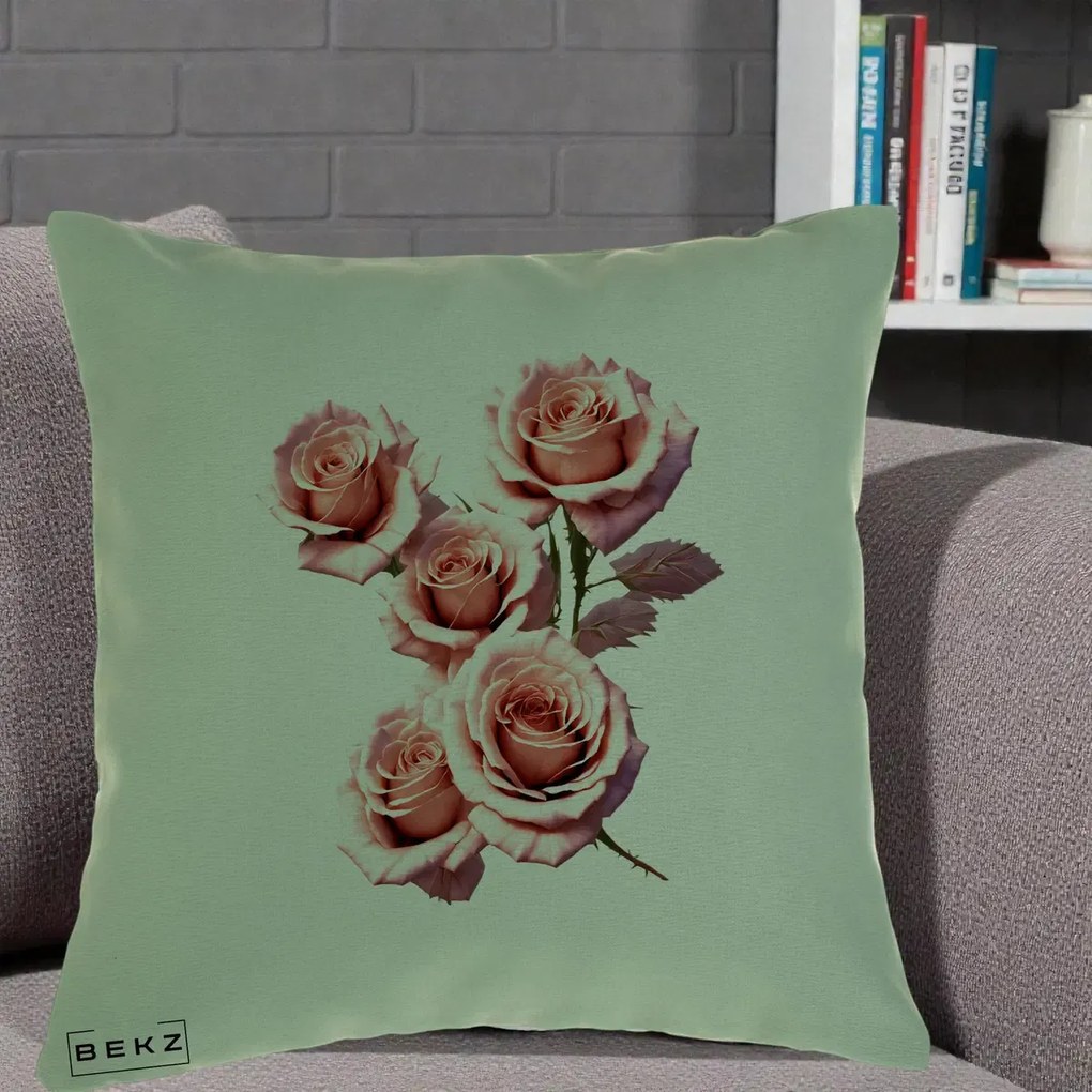 Perna Decorativa Trandafiri Roz Pastel Acuarela, 40x40 cm, Verde, Husa Detasabila, Perna Inclusa, BEKZ®