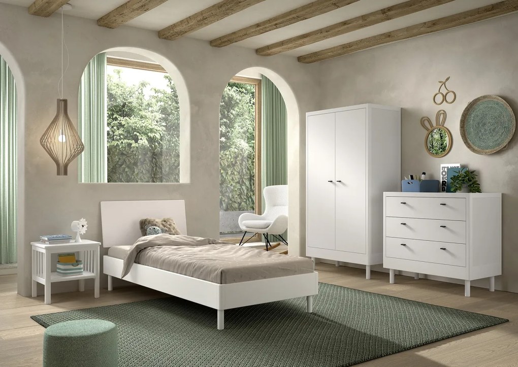 Set Complet Mobilier Camera Copii Forrest Beech, Pat 90x200 cm, Dulap cu 2 Uși, Noptieră și Comodă, din Lemn de Fag Lăcuit Alb – Vipack